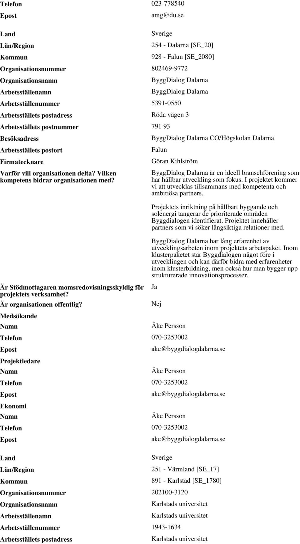 Arbetsställets postadress Röda vägen 3 Arbetsställets postnummer 791 93 Besöksadress Arbetsställets postort Firmatecknare Varför vill organisationen delta? Vilken kompetens bidrar organisationen med?