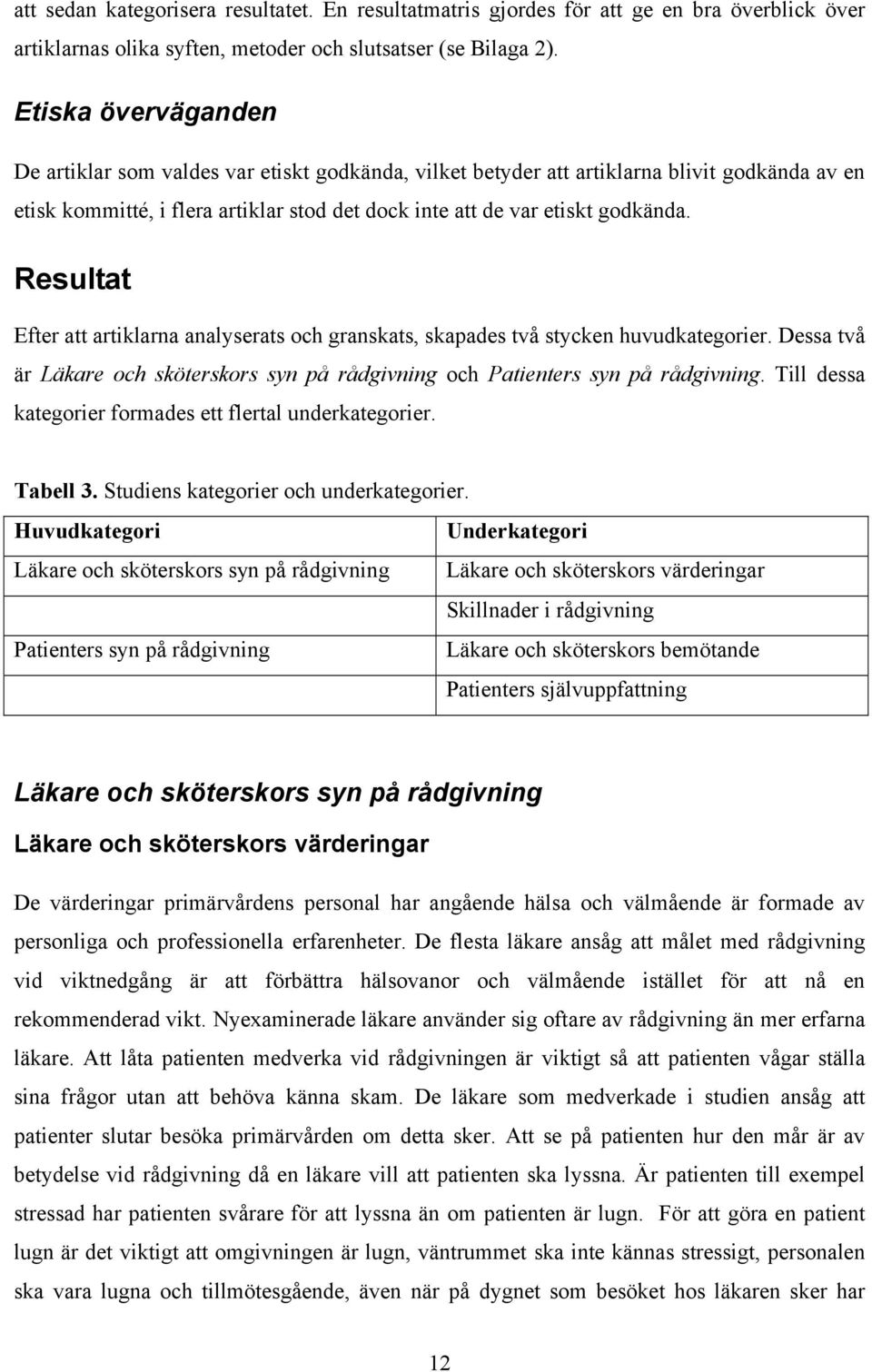 Resultat Efter att artiklarna analyserats och granskats, skapades två stycken huvudkategorier. Dessa två är Läkare och sköterskors syn på rådgivning och Patienters syn på rådgivning.