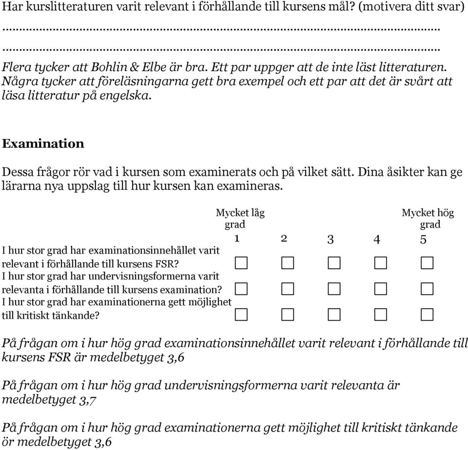 Dina åsikter kan ge lärarna nya uppslag till hur kursen kan examineras. I hur stor har examinationsinnehållet varit relevant i förhållande till kursens FSR?