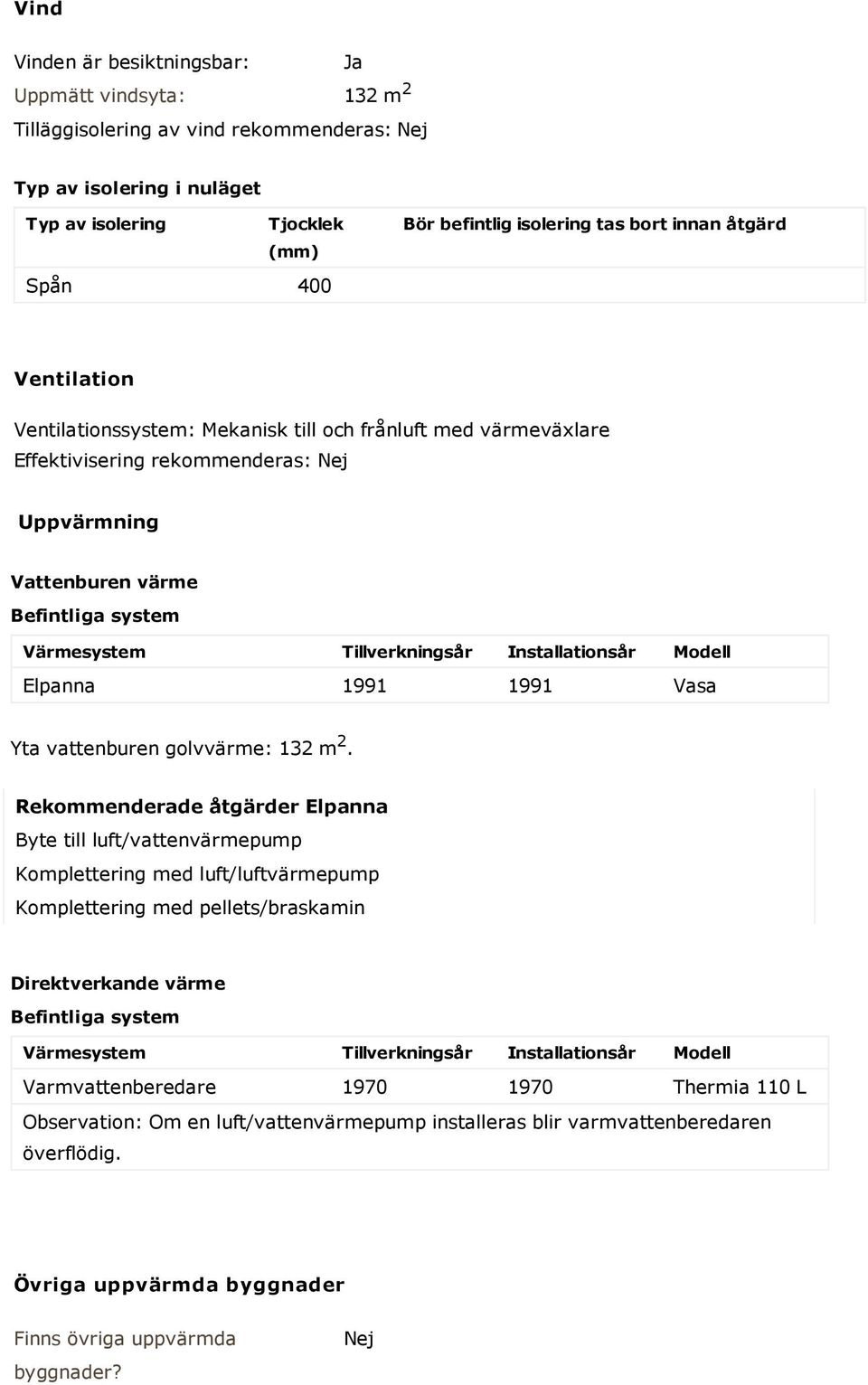 Tillverkningsår Installationsår Modell Elpanna 1991 1991 Vasa Yta vattenburen golvvärme: 132 m 2.