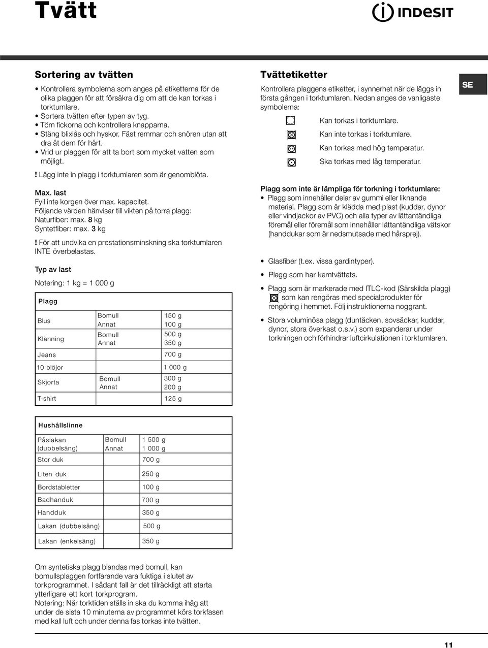 ! Lägg inte in plagg i torktumlaren som är genomblöta. Max. last Fyll inte korgen över max. kapacitet. Följande värden hänvisar till vikten på torra plagg: Naturfiber: max. 8 kg Syntetfiber: max.