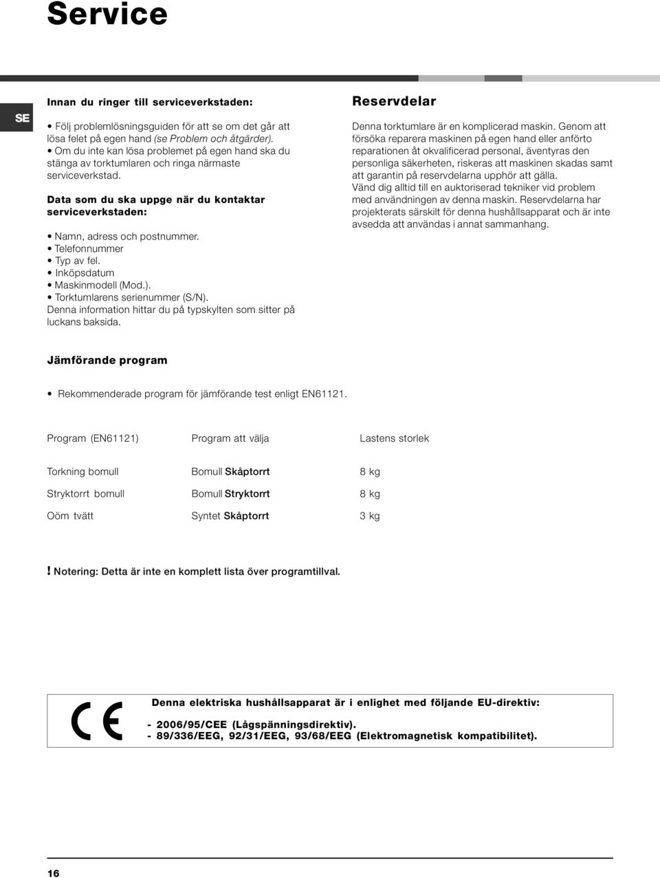 Telefonnummer Typ av fel. Inköpsdatum Maskinmodell (Mod.). Torktumlarens serienummer (S/N). Denna information hittar du på typskylten som sitter på luckans baksida.