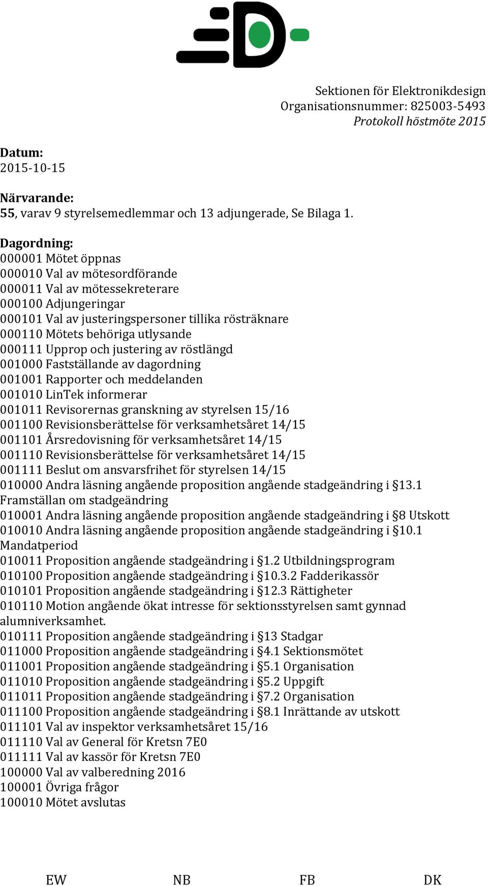 000111 Upprop och justering av röstlängd 001000 Fastställande av dagordning 001001 Rapporter och meddelanden 001010 LinTek informerar 001011 Revisorernas granskning av styrelsen 15/16 001100