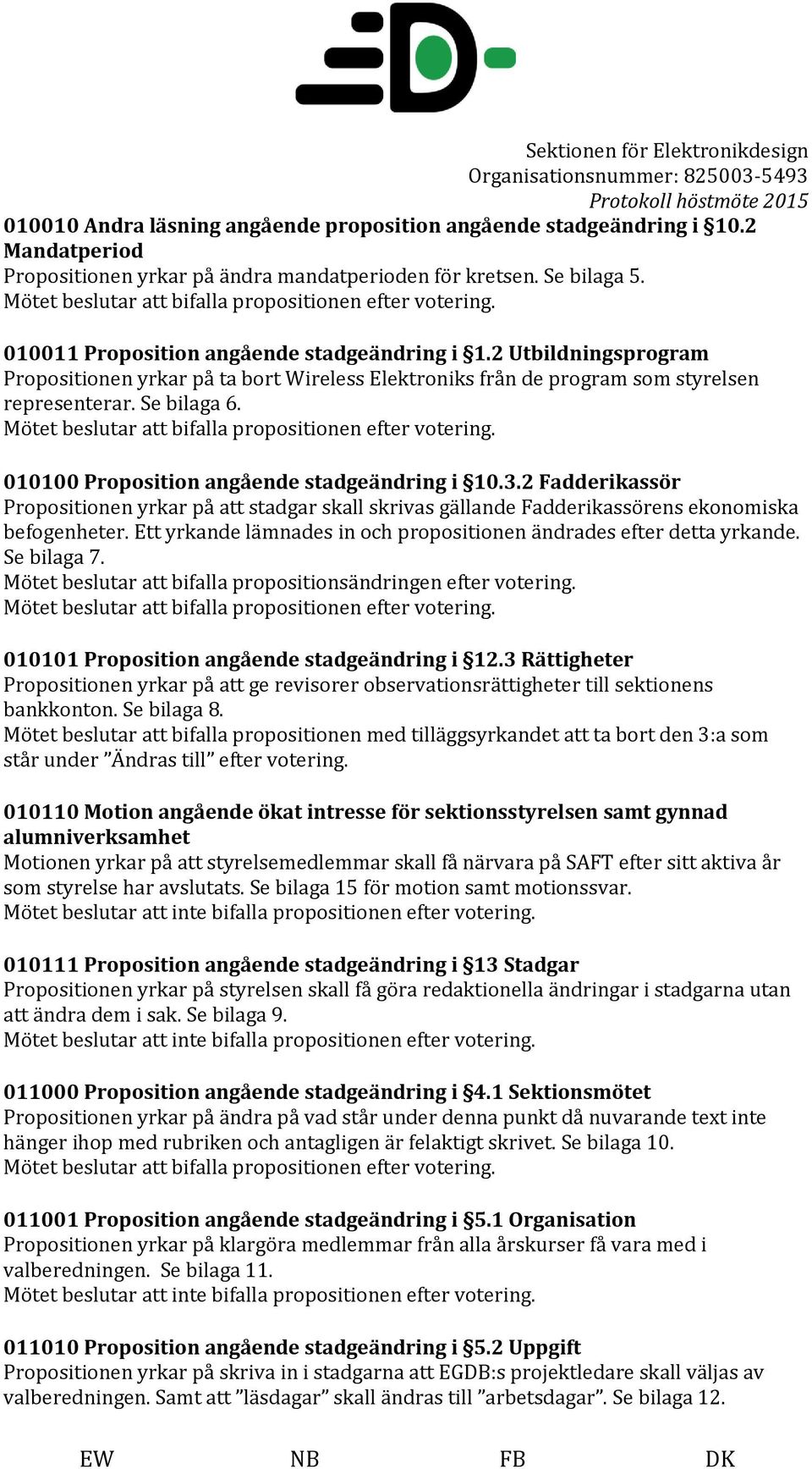 010100 Proposition angående stadgeändring i 10.3.2 Fadderikassör Propositionen yrkar på att stadgar skall skrivas gällande Fadderikassörens ekonomiska befogenheter.