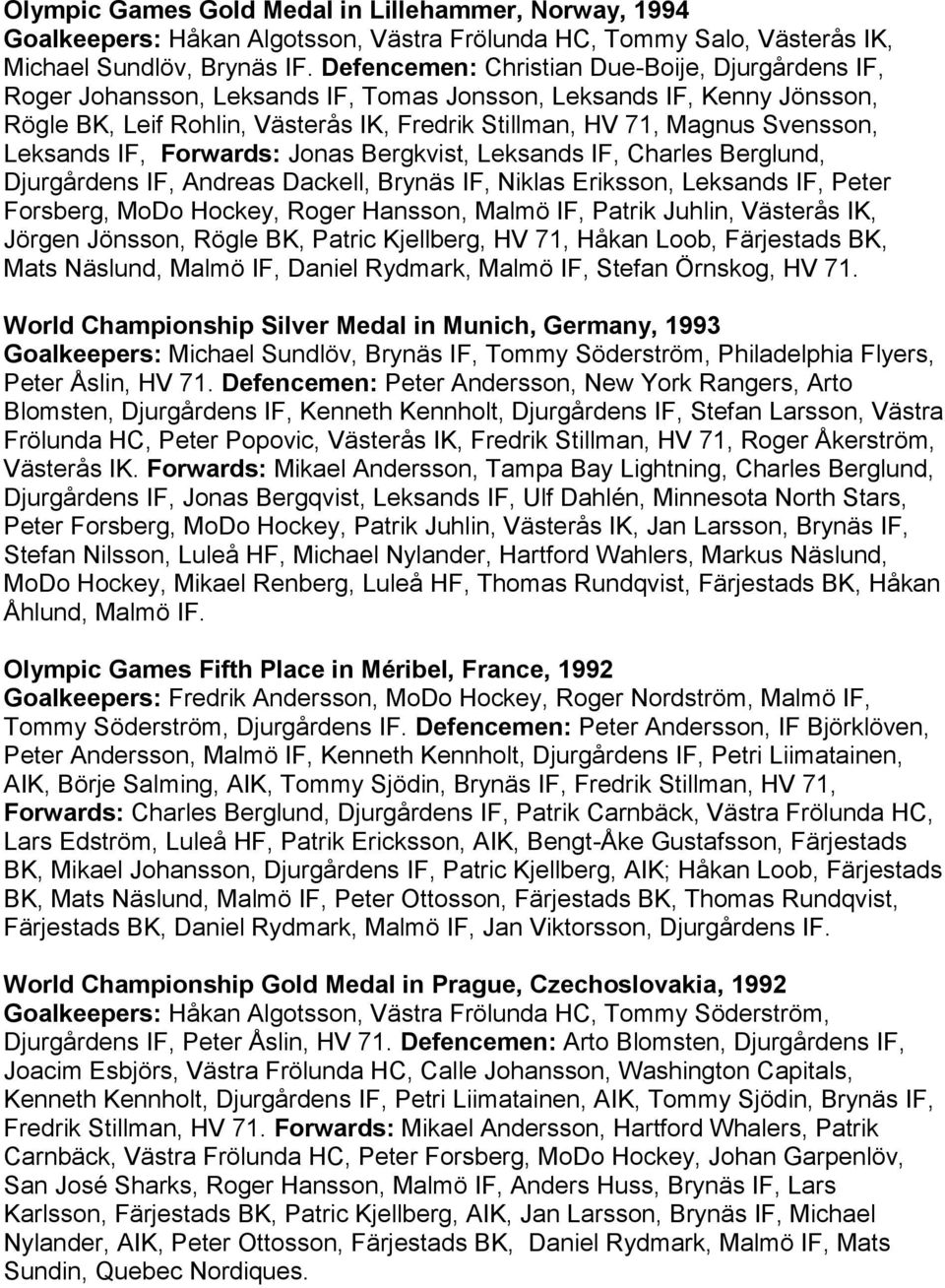 Leksands IF, Forwards: Jonas Bergkvist, Leksands IF, Charles Berglund, Djurgårdens IF, Andreas Dackell, Brynäs IF, Niklas Eriksson, Leksands IF, Peter Forsberg, MoDo Hockey, Roger Hansson, Malmö IF,