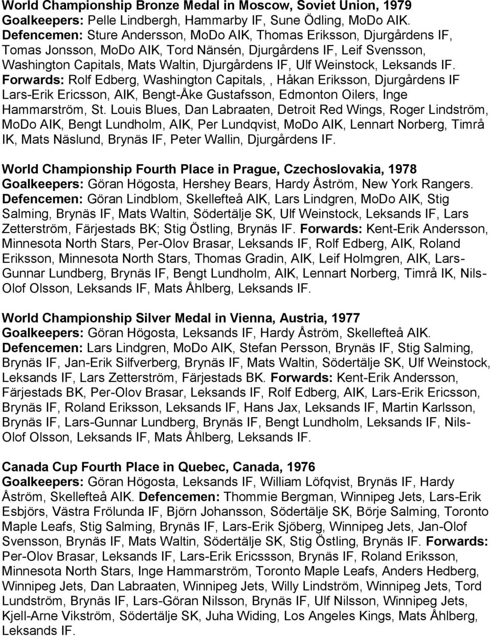 Weinstock, Leksands IF. Forwards: Rolf Edberg, Washington Capitals,, Håkan Eriksson, Djurgårdens IF Lars-Erik Ericsson, AIK, Bengt-Åke Gustafsson, Edmonton Oilers, Inge Hammarström, St.