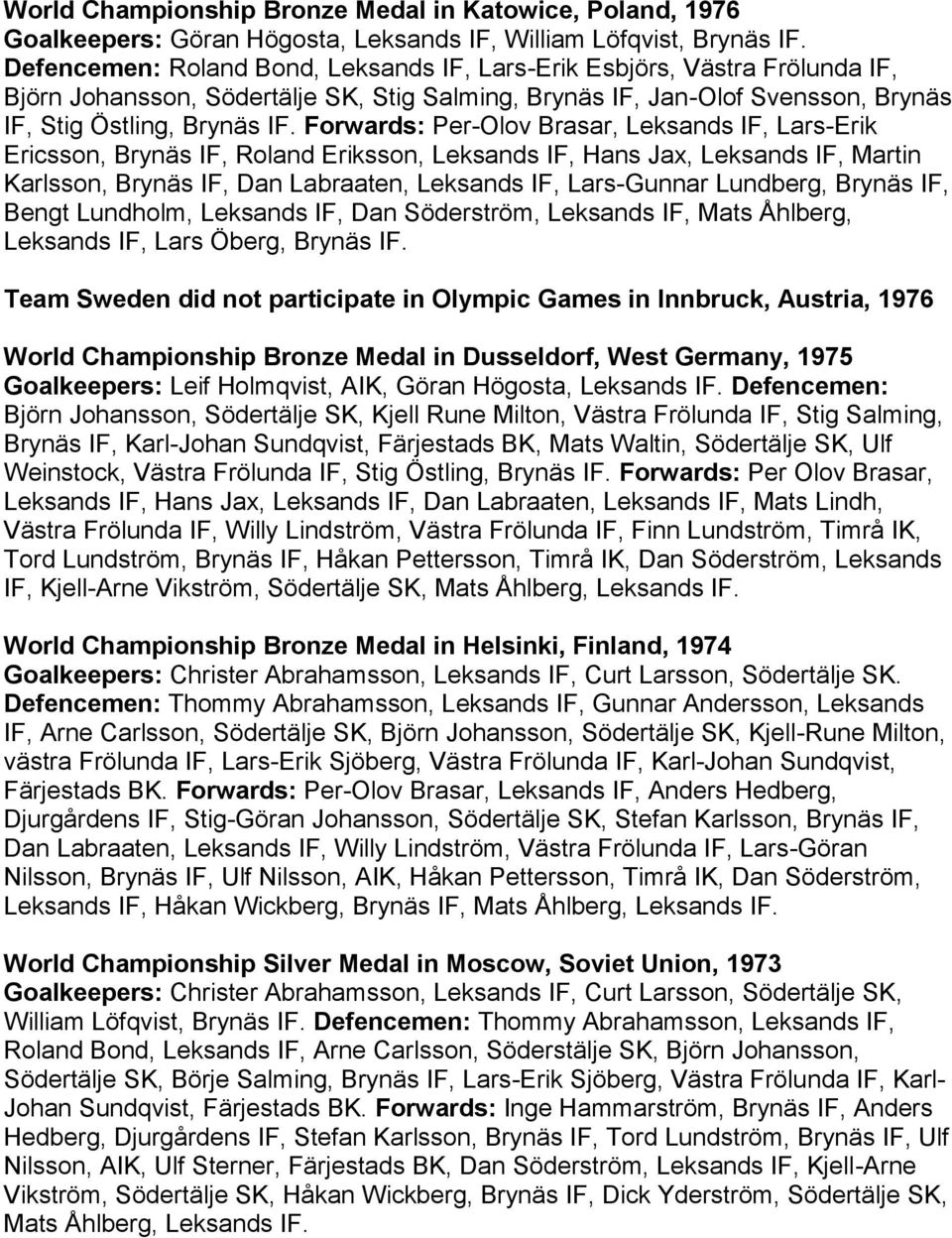 Forwards: Per-Olov Brasar, Leksands IF, Lars-Erik Ericsson, Brynäs IF, Roland Eriksson, Leksands IF, Hans Jax, Leksands IF, Martin Karlsson, Brynäs IF, Dan Labraaten, Leksands IF, Lars-Gunnar