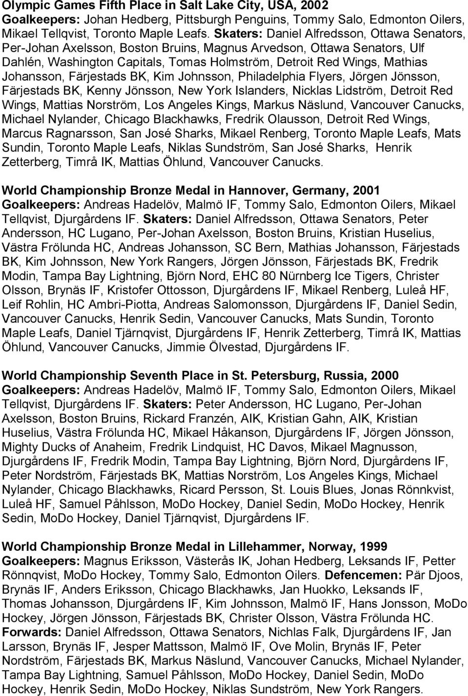 Johansson, Färjestads BK, Kim Johnsson, Philadelphia Flyers, Jörgen Jönsson, Färjestads BK, Kenny Jönsson, New York Islanders, Nicklas Lidström, Detroit Red Wings, Mattias Norström, Los Angeles