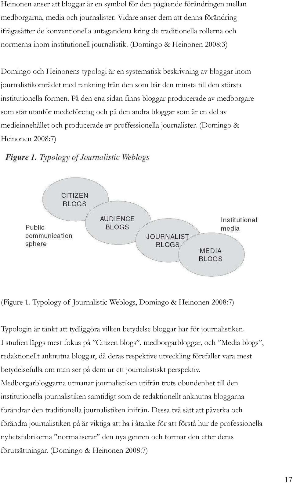 (Domingo & Heinonen 2008:3) Domingo och Heinonens typologi är en systematisk beskrivning av bloggar inom journalistikområdet med rankning från den som bär den minsta till den största institutionella