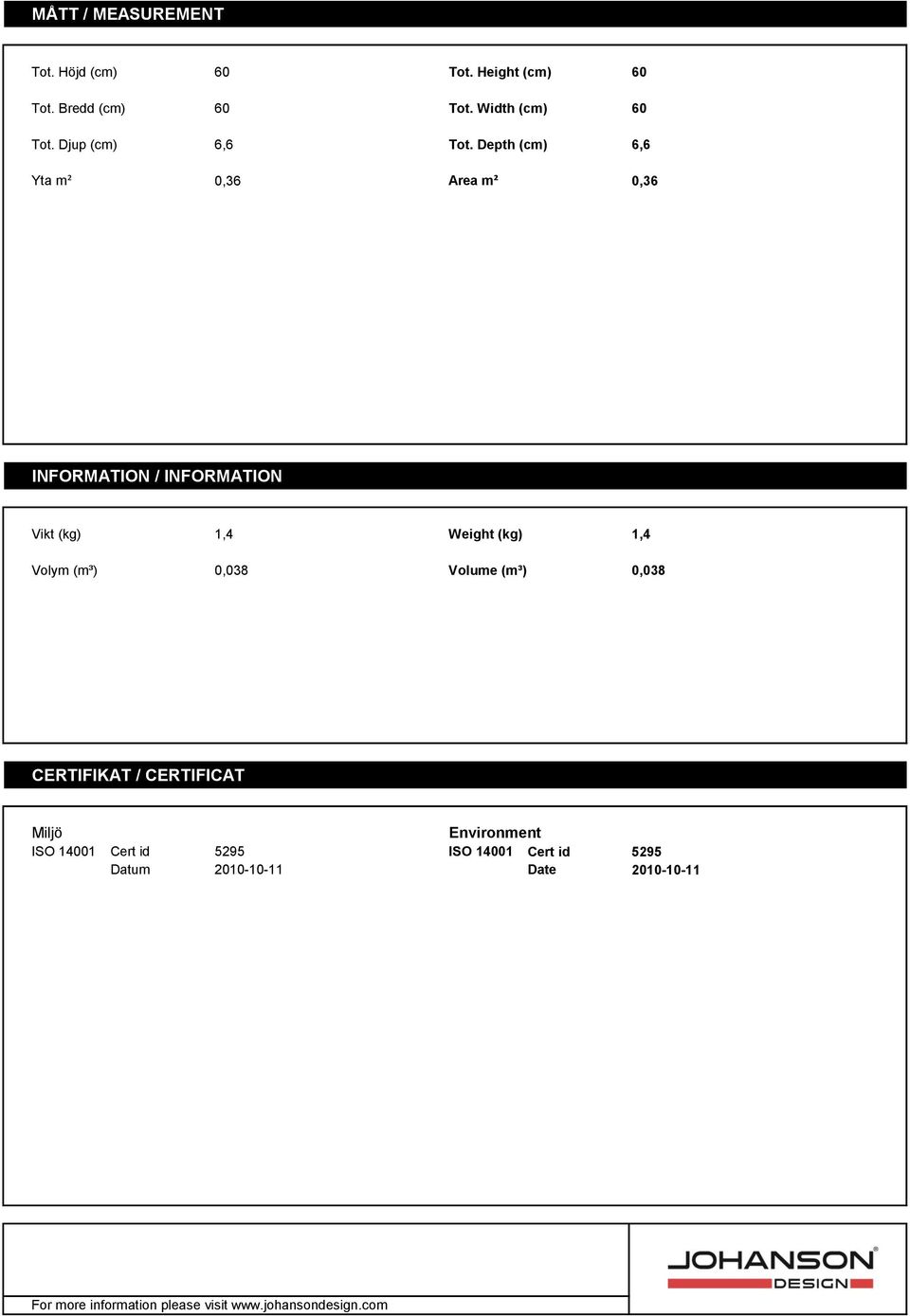 Depth (cm) 6,6 Yta m² 0,36 Area m² 0,36 INFORMATION / INFORMATION Vikt (kg) 1,4 Weight (kg)