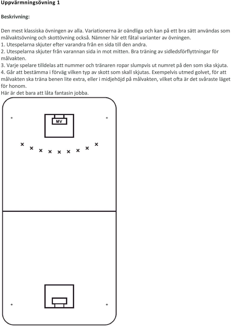 Bra träning av sidledsförflyttningar för målvakten. 3. Varje spelare tilldelas att nummer och tränaren ropar slumpvis ut numret på den som ska skjuta. 4.