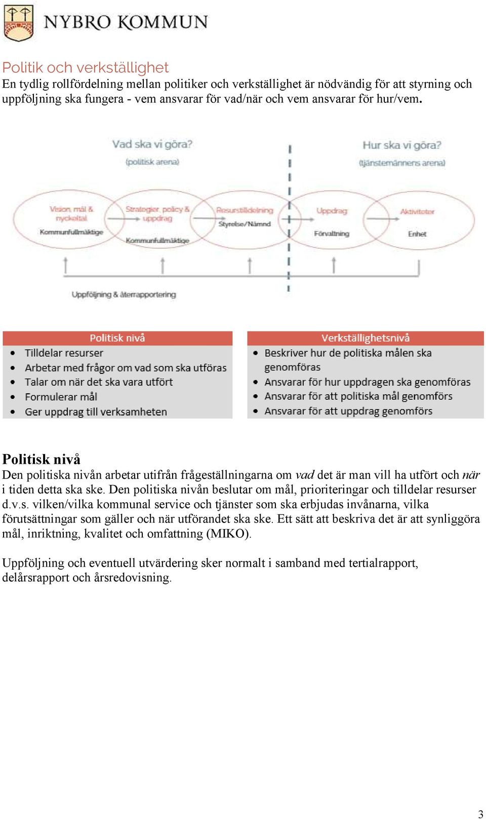 Den politiska nivån beslutar om mål, prioriteringar och tilldelar resurser d.v.s. vilken/vilka kommunal service och tjänster som ska erbjudas invånarna, vilka förutsättningar som gäller och när utförandet ska ske.