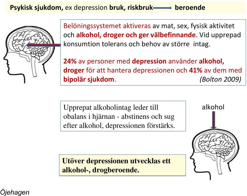 24% av personer med depression använder alkohol, droger för att hantera depressionen och 41% av dem med bipolär sjukdom.