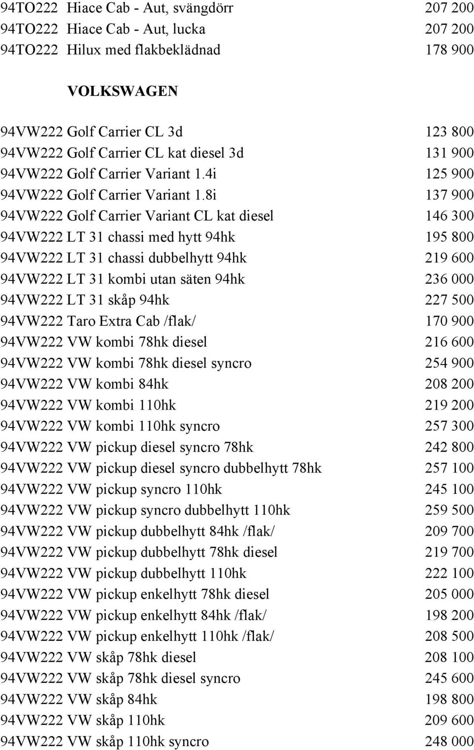 8i 137 900 94VW222 Golf Carrier Variant CL kat diesel 146 300 94VW222 LT 31 chassi med hytt 94hk 195 800 94VW222 LT 31 chassi dubbelhytt 94hk 219 600 94VW222 LT 31 kombi utan säten 94hk 236 000