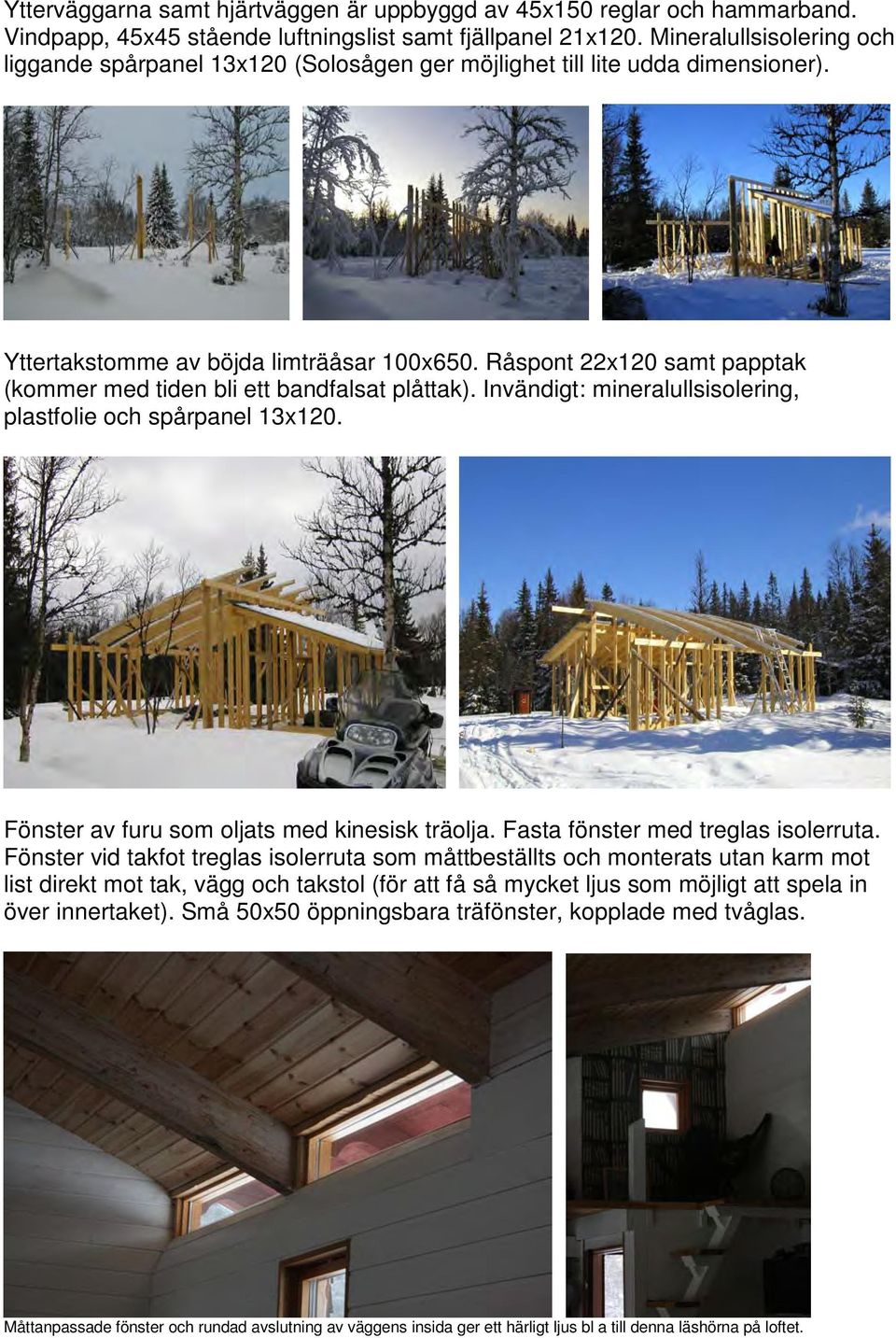 Råspont 22x120 samt papptak (kommer med tiden bli ett bandfalsat plåttak). Invändigt: mineralullsisolering, plastfolie och spårpanel 13x120. Fönster av furu som oljats med kinesisk träolja.