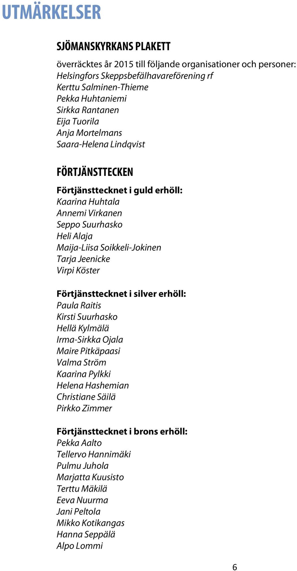 Soikkeli-Jokinen Tarja Jeenicke Virpi Köster Förtjänsttecknet i silver erhöll: Paula Raitis Kirsti Suurhasko Hellä Kylmälä Irma-Sirkka Ojala Maire Pitkäpaasi Valma Ström Kaarina Pylkki Helena