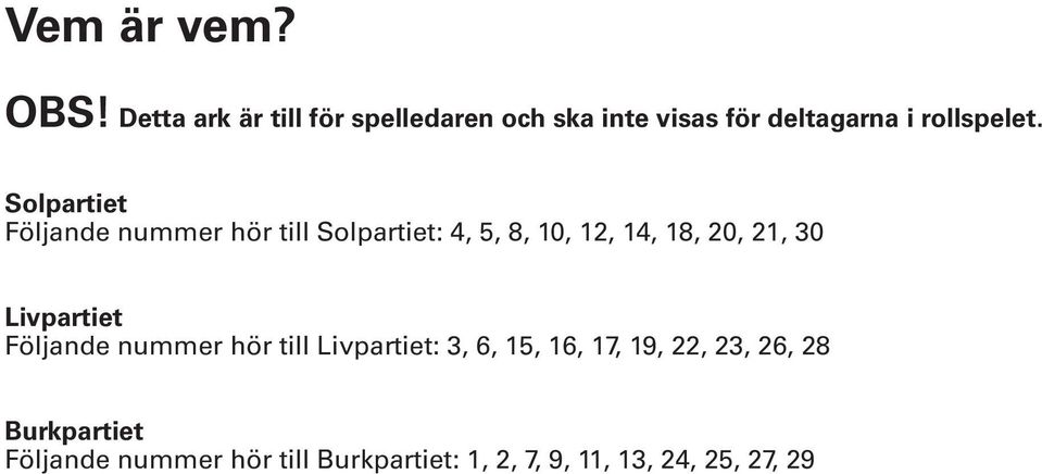 Solpartiet Följande nummer hör till Solpartiet: 4, 5, 8, 10, 12, 14, 18, 20, 21, 30