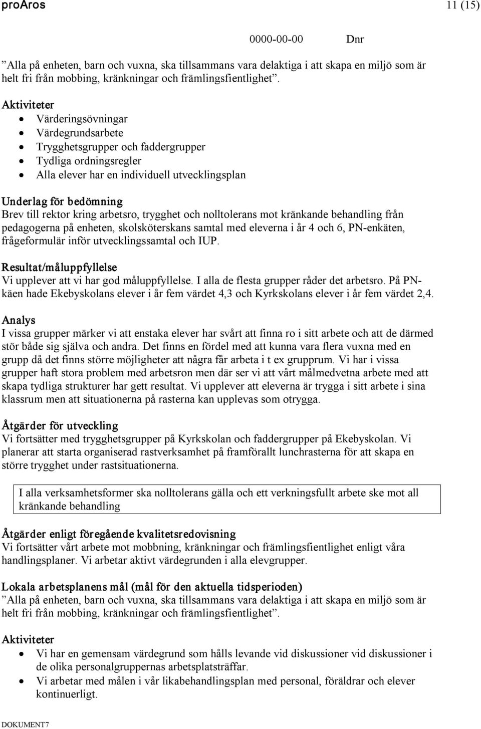 nolltolerans mot kränkande behandling från pedagogerna på enheten, skolsköterskans samtal med eleverna i år 4 och 6, PN enkäten, frågeformulär inför utvecklingssamtal och IUP.