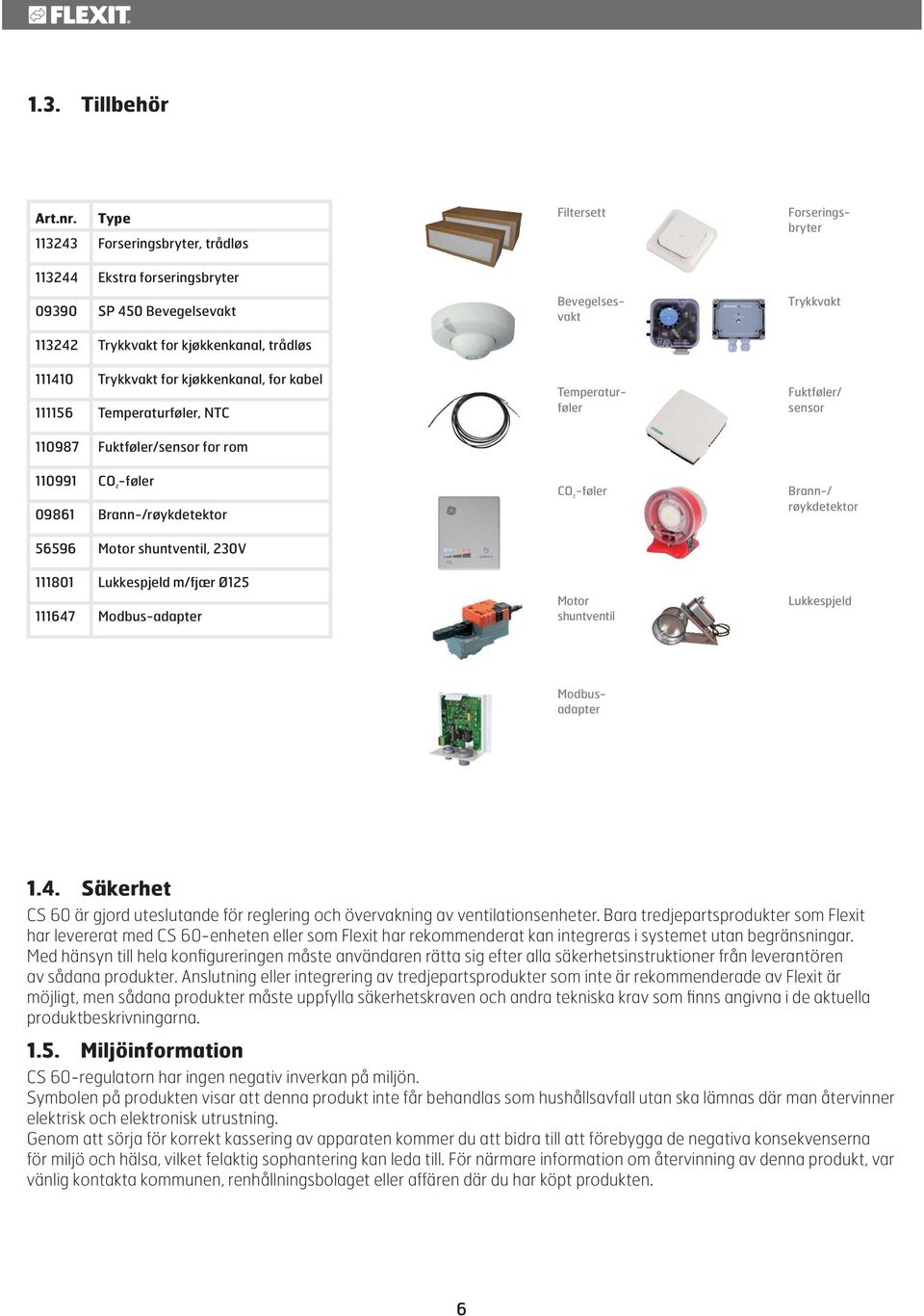 Temperaturføler, NTC 110987 Fuktføler/sensor for rom 110991 CO 2 -føler 09861 Brann-/røykdetektor 56596 Motor shuntventil, 230V 111801 Lukkespjeld m/fjær Ø125 111647 Modbus-adapter Filtersett