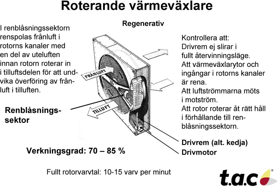 Renblåsningssektor Regenerativ Kontrollera att: Drivrem ej slirar i fullt återvinningsläge.