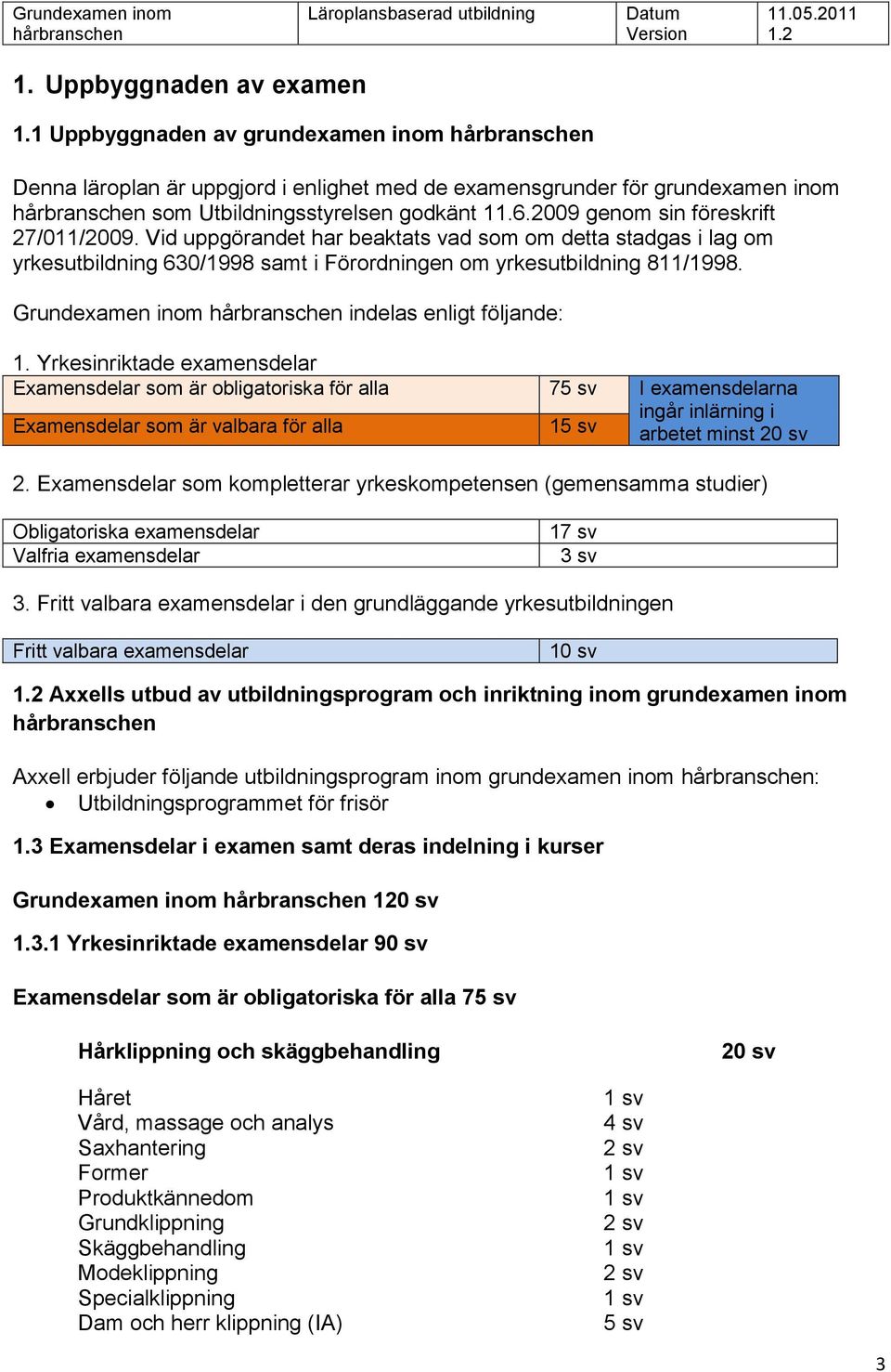 Grundexamen inom indelas enligt följande: 1.