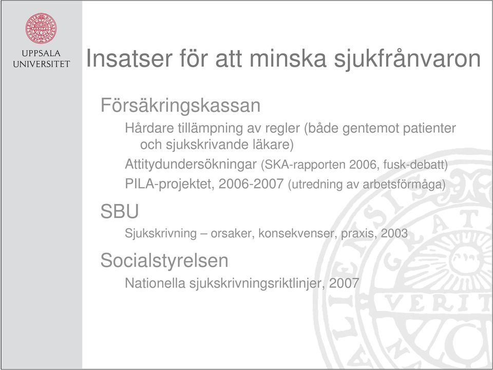 2006, fusk-debatt) PILA-projektet, 2006-2007 (utredning av arbetsförmåga) Sjukskrivning