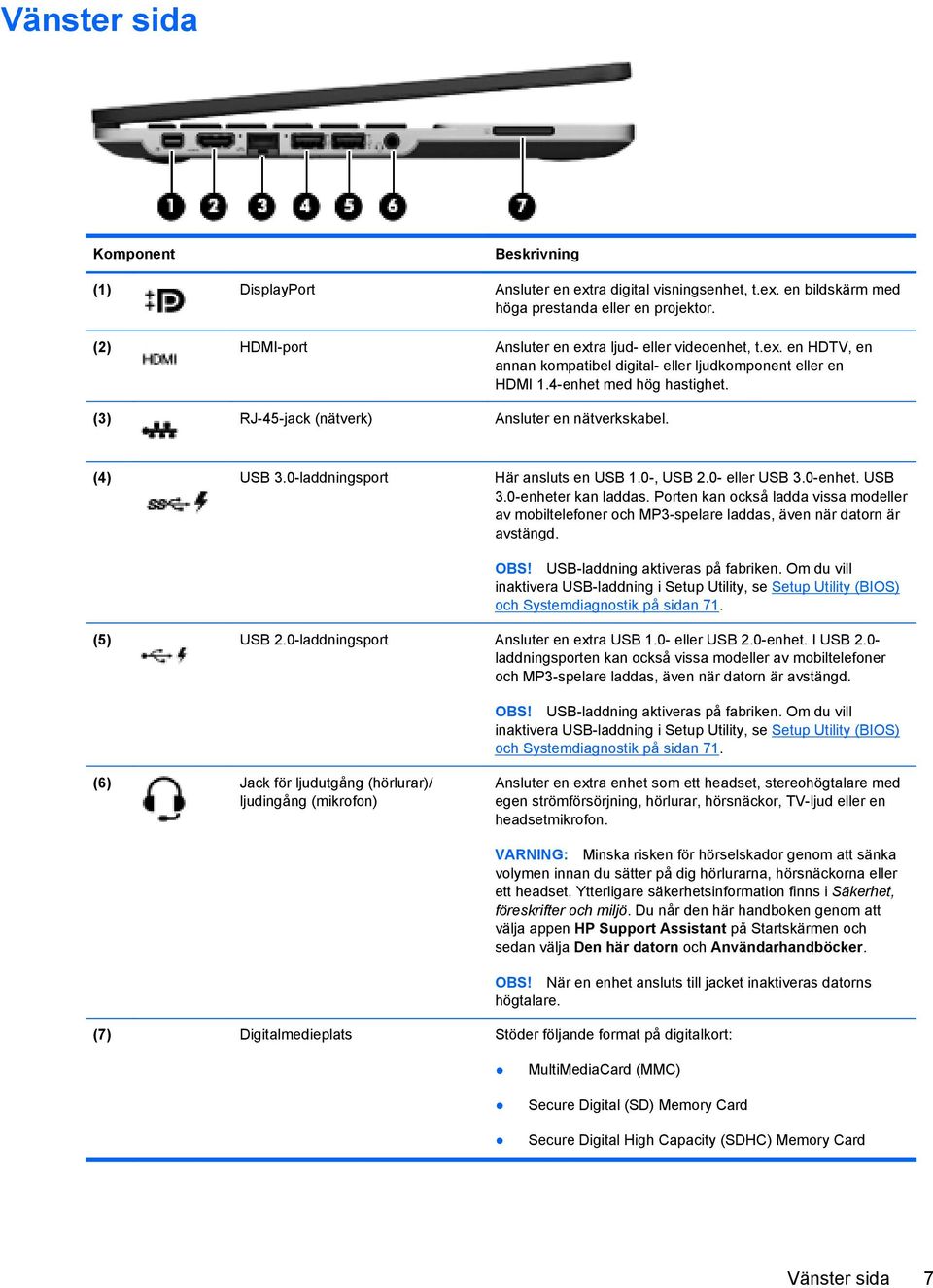 (3) RJ-45-jack (nätverk) Ansluter en nätverkskabel. (4) USB 3.0-laddningsport Här ansluts en USB 1.0-, USB 2.0- eller USB 3.0-enhet. USB 3.0-enheter kan laddas.