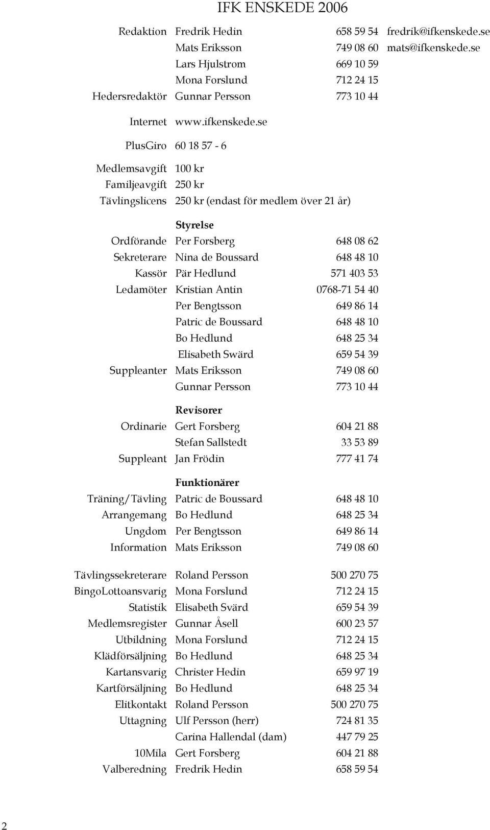 se PlusGiro 60 18 57-6 Medlemsavgift Familjeavgift Tävlingslicens 100 kr 250 kr 250 kr (endast för medlem över 21 år) Styrelse Ordförande Per Forsberg 648 08 62 Sekreterare Nina de Boussard 648 48 10