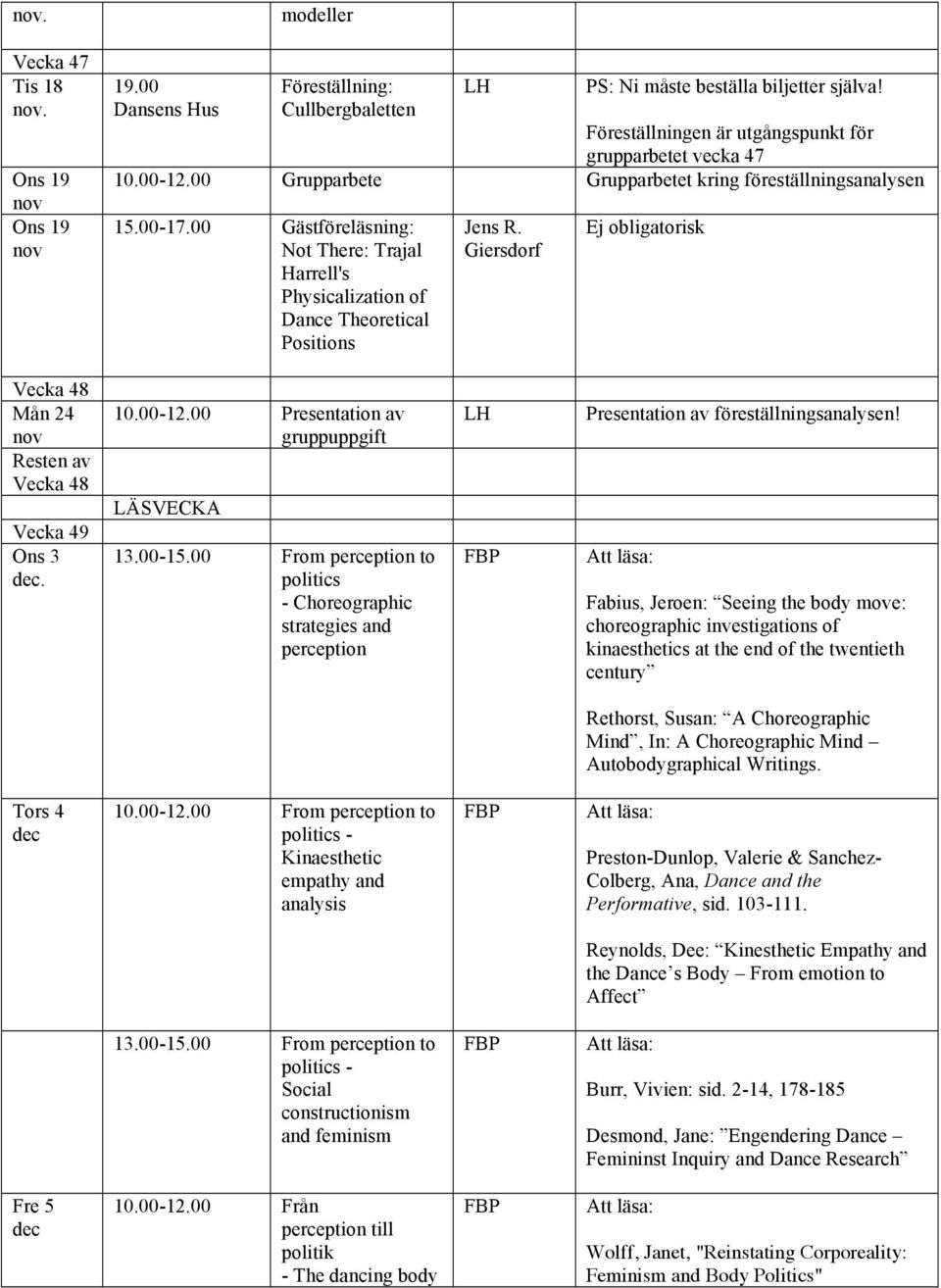 Giersdorf Ej obligatorisk Vecka 48 Mån 24 nov Resten av Vecka 48 Vecka 49 Ons 3. 10.00-12.00 Presentation av gruppuppgift LÄSVECKA 13.00-15.