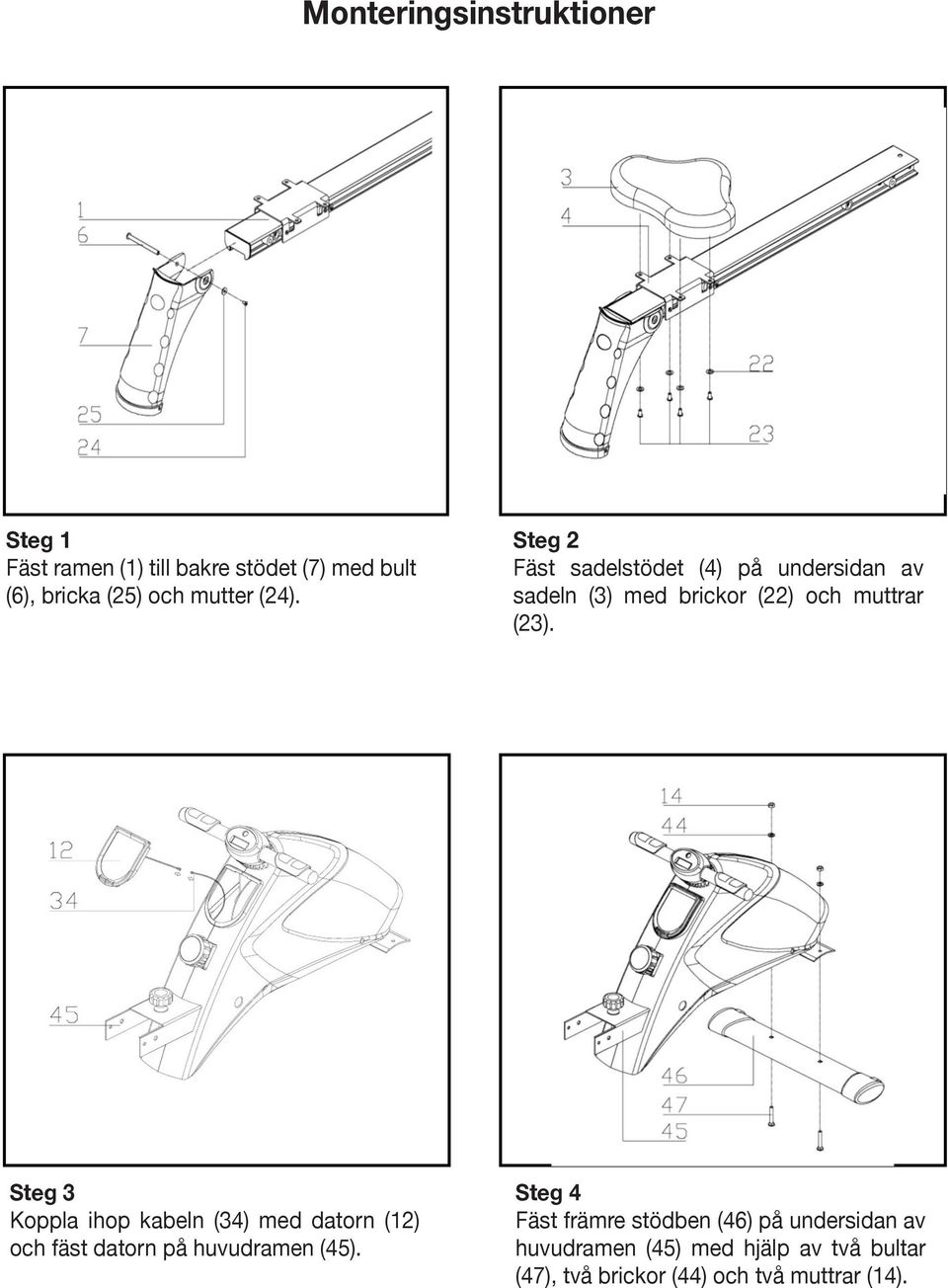 Steg STEP 2 2 Fäst sadelstödet (4) på undersidan av sadeln Attach (3) the seat med bracket brickor (pt.4) (22) to the och muttrar (23). underside of the seat (pt.3) using the four Washer (φ8) (pt.