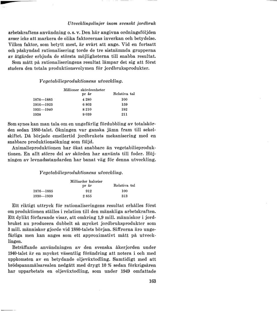Som mått på rationaliseringens resultat lämpar det sig att först studera den totala produktionsvolymen för jordbruksprodukter. Vegetabilieproduktionens utveckling.