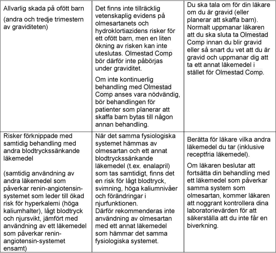 reninangiotensin-systemet ensamt) Det finns inte tillräcklig vetenskaplig evidens på olmesartanets och hydroklortiazidens risker för ett ofött barn, men en liten ökning av risken kan inte uteslutas.