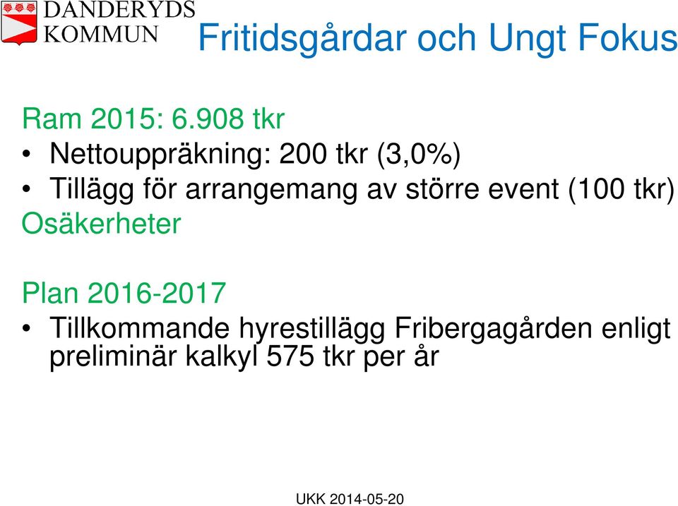 arrangemang av större event (100 tkr) Osäkerheter Plan