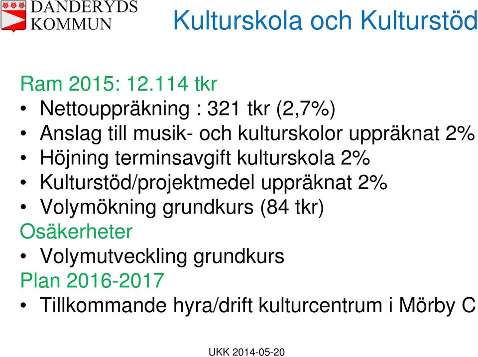 uppräknat 2% Höjning terminsavgift kulturskola 2% Kulturstöd/projektmedel uppräknat
