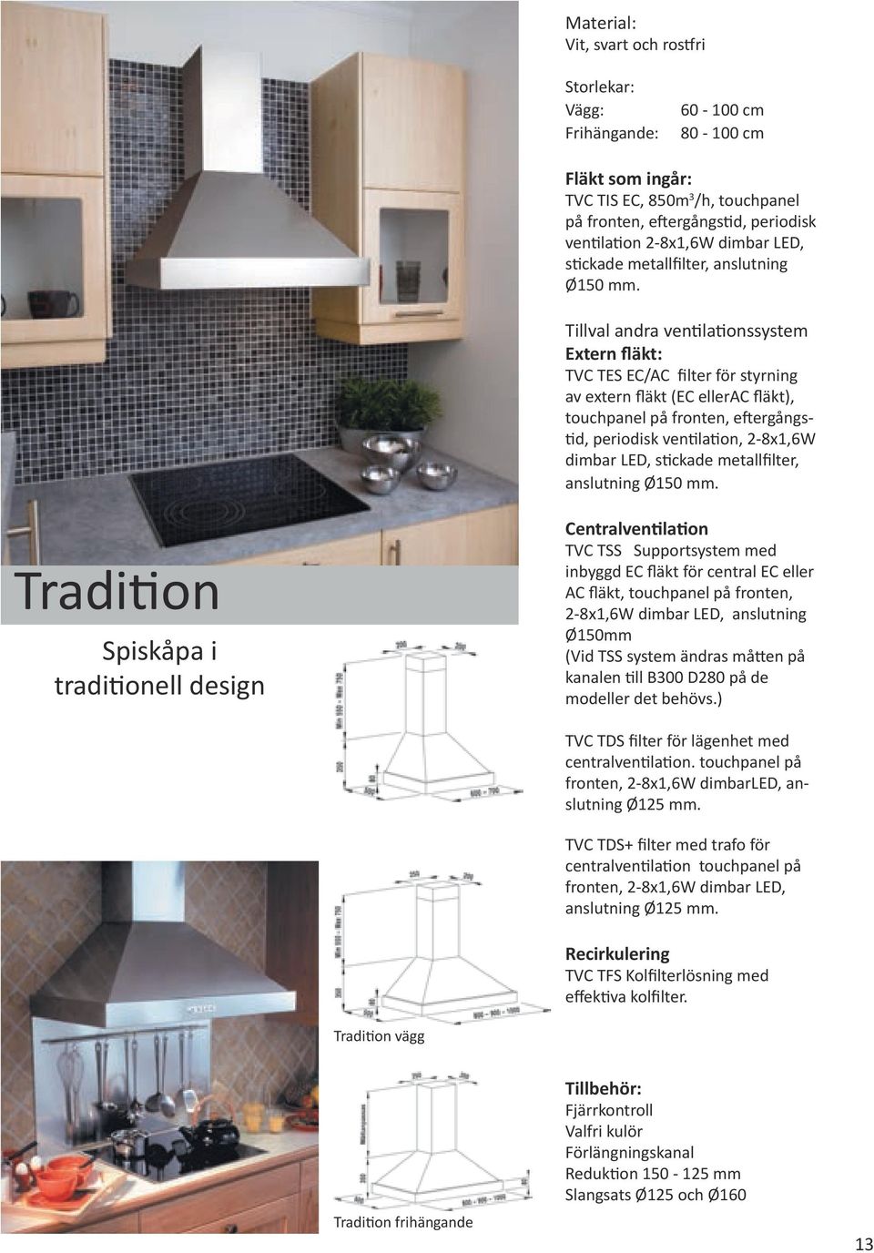 Tillval andra ventilationssystem Extern fläkt: TVC TES EC/AC filter för styrning av extern fläkt (EC ellerac fläkt), touchpanel på fronten, eftergångstid, periodisk ventilation, 2-8x1,6W dimbar LED,