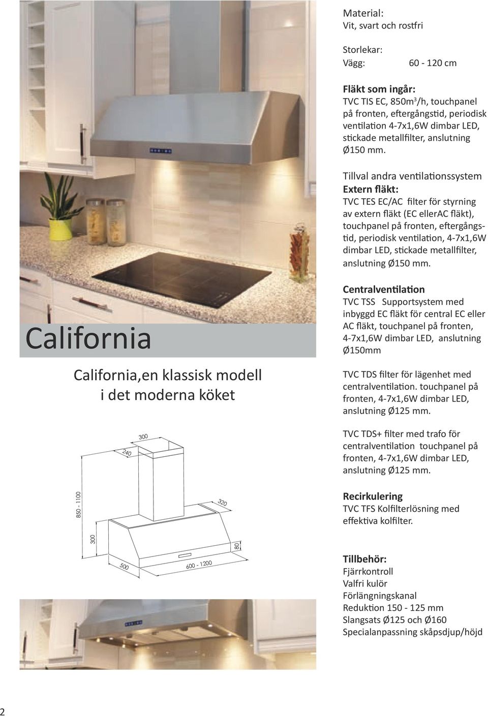 Tillval andra ventilationssystem Extern fläkt: TVC TES EC/AC filter för styrning av extern fläkt (EC ellerac fläkt), touchpanel på fronten, eftergångstid, periodisk ventilation, 4-7x1,6W dimbar LED,