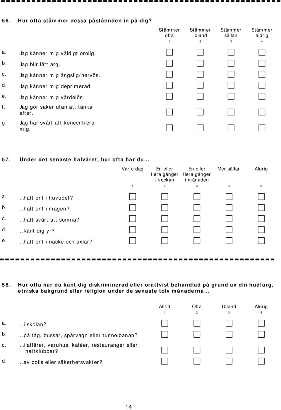 Under det senaste halvåret, hur ofta har du Varje dag En eller flera gånger i veckan a. haft ont i huvudet? b. haft ont i magen? c. haft svårt att somna? d. känt dig yr? e. haft ont i nacke och axlar?