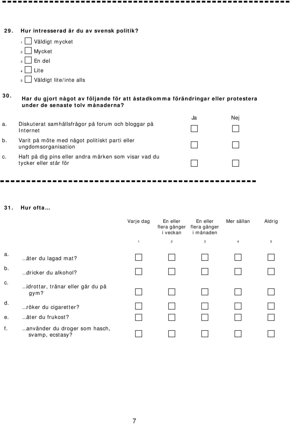 Varit på möte med något politiskt parti eller ungdomsorganisation c. Haft på dig pins eller andra märken som visar vad du tycker eller står för Ja Nej 31.