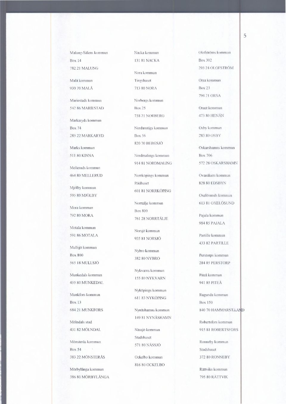 BERGSJÖ Marks kommunoskarshamns kommun 511 80 KINNA Nordmalings kommun Box 706 Melleruds kommun 914 81 NORDMALING572 28 OSKARSHAMN 464 80 MELLERUD Norrköpings kommun Ovanåkers kommun Rådhuset828 80