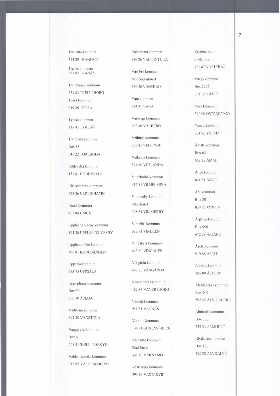 Töreboda kommunvellinge kommun V 271 80 YSTAD Box 83 235 81 VELLINGE Åmåls kommun 545 22 TÖREBODA Uddevalla kommun 451 81 UDDEVALLA Ulricehamns kommun 523 86 ULRICEHAMN Umeå kommun 901 84 UMEÅ