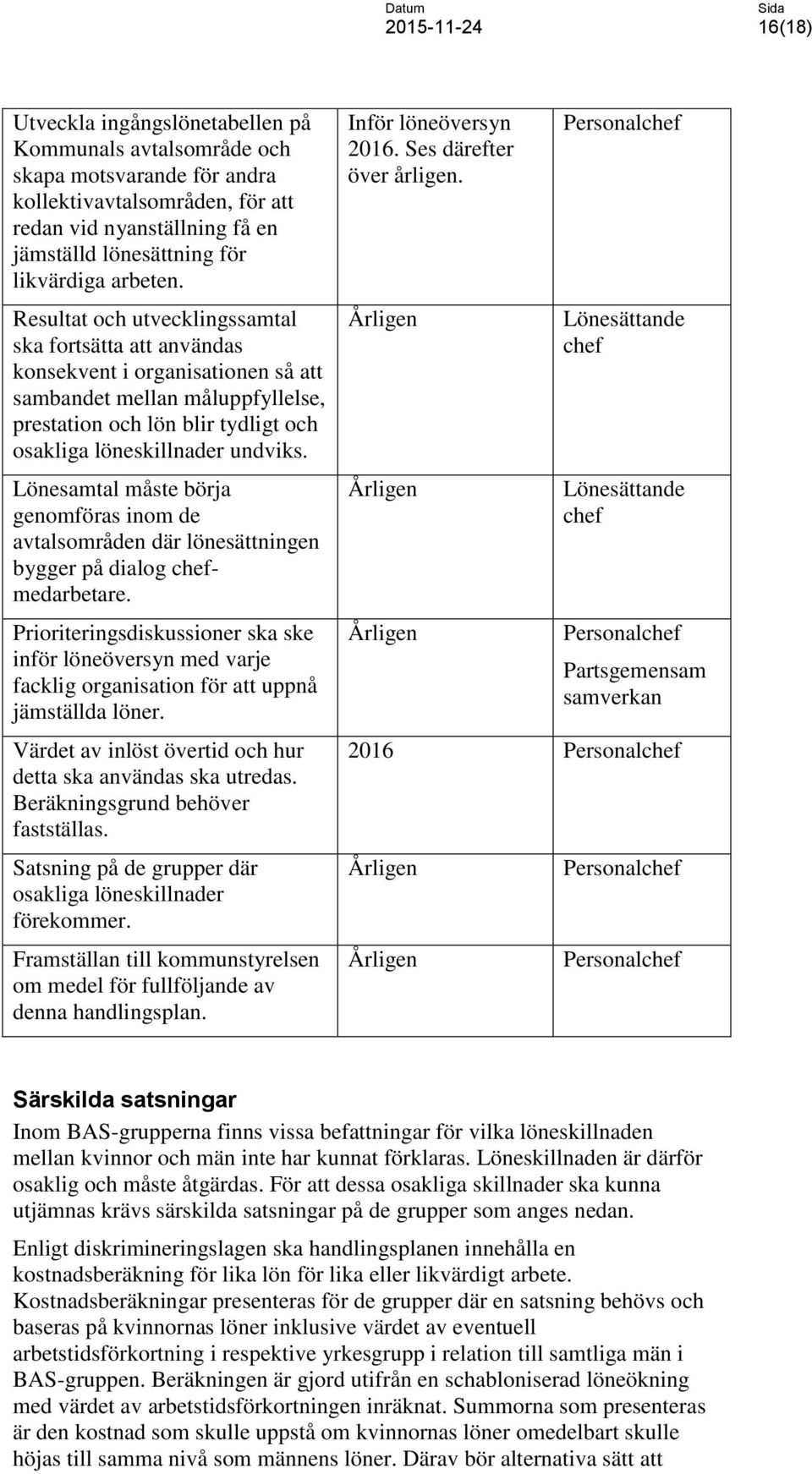 Resultat och utvecklingssamtal ska fortsätta att användas konsekvent i organisationen så att sambandet mellan måluppfyllelse, prestation och lön blir tydligt och osakliga löneskillnader undviks.