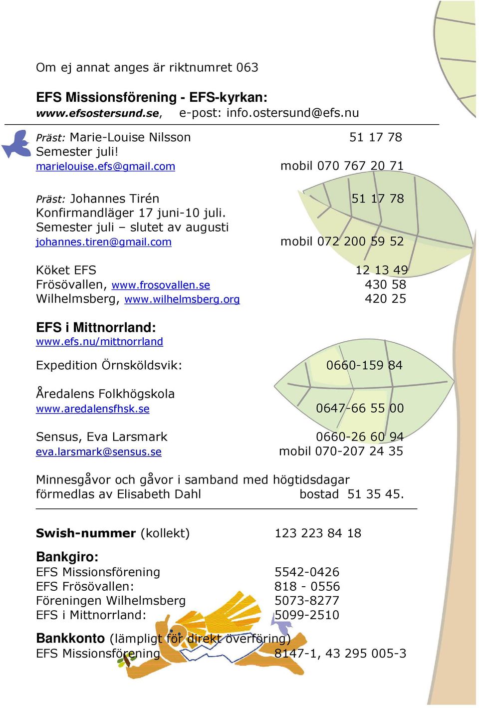 com mobil 072 200 59 52 Köket EFS 12 13 49 Frösövallen, www.frosovallen.se 430 58 Wilhelmsberg, www.wilhelmsberg.org 420 25 EFS i Mittnorrland: www.efs.
