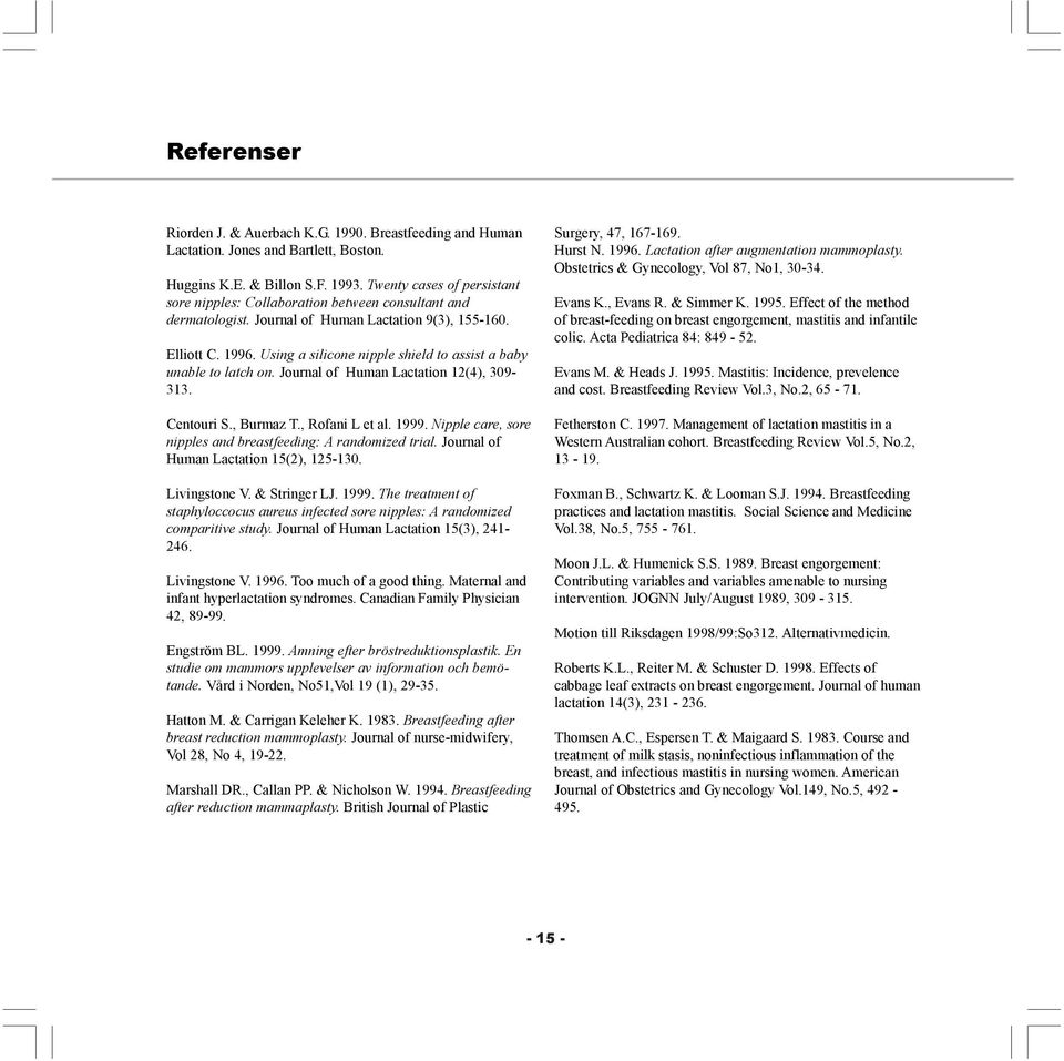 Using a silicone nipple shield to assist a baby unable to latch on. Journal of Human Lactation 12(4), 309-313. Centouri S., Burmaz T., Rofani L et al. 1999.