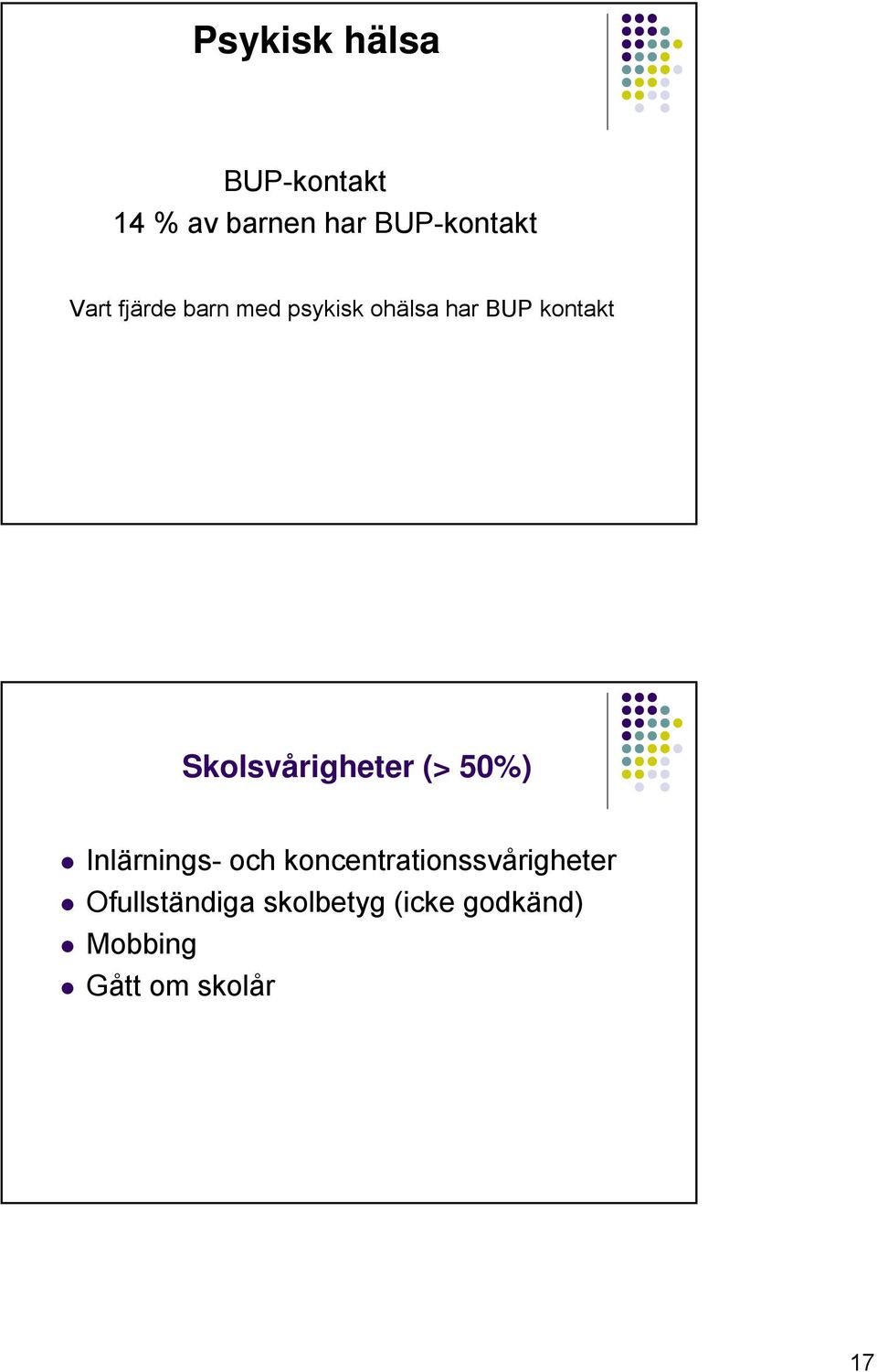 Skolsvårigheter (> 50%) Inlärnings- och