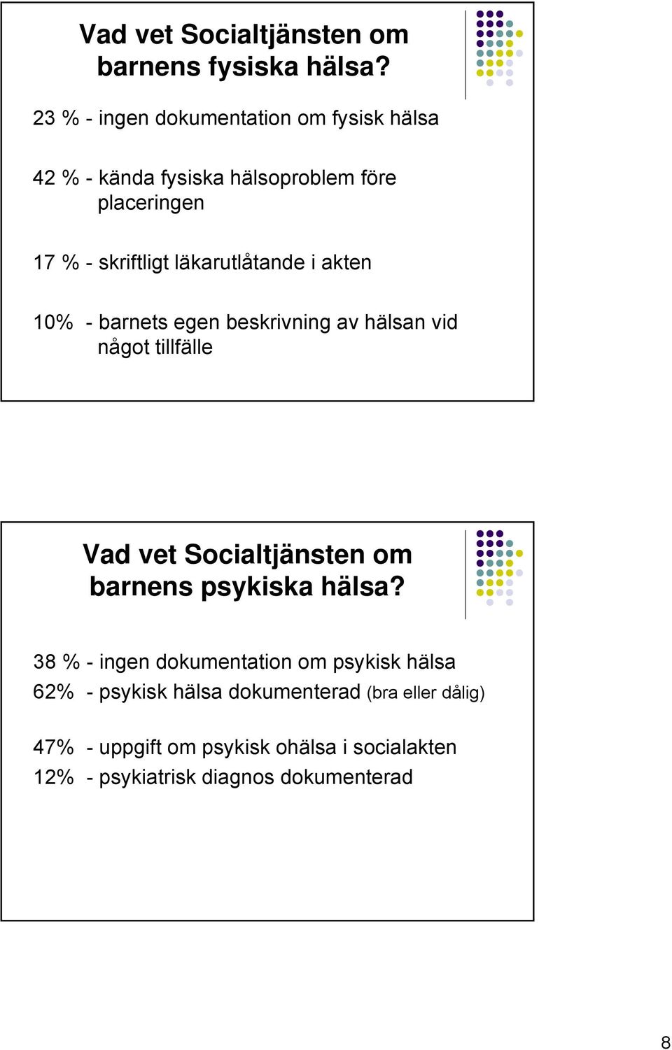 läkarutlåtande i akten 10% - barnets egen beskrivning av hälsan vid något tillfälle Vad vet Socialtjänsten om barnens