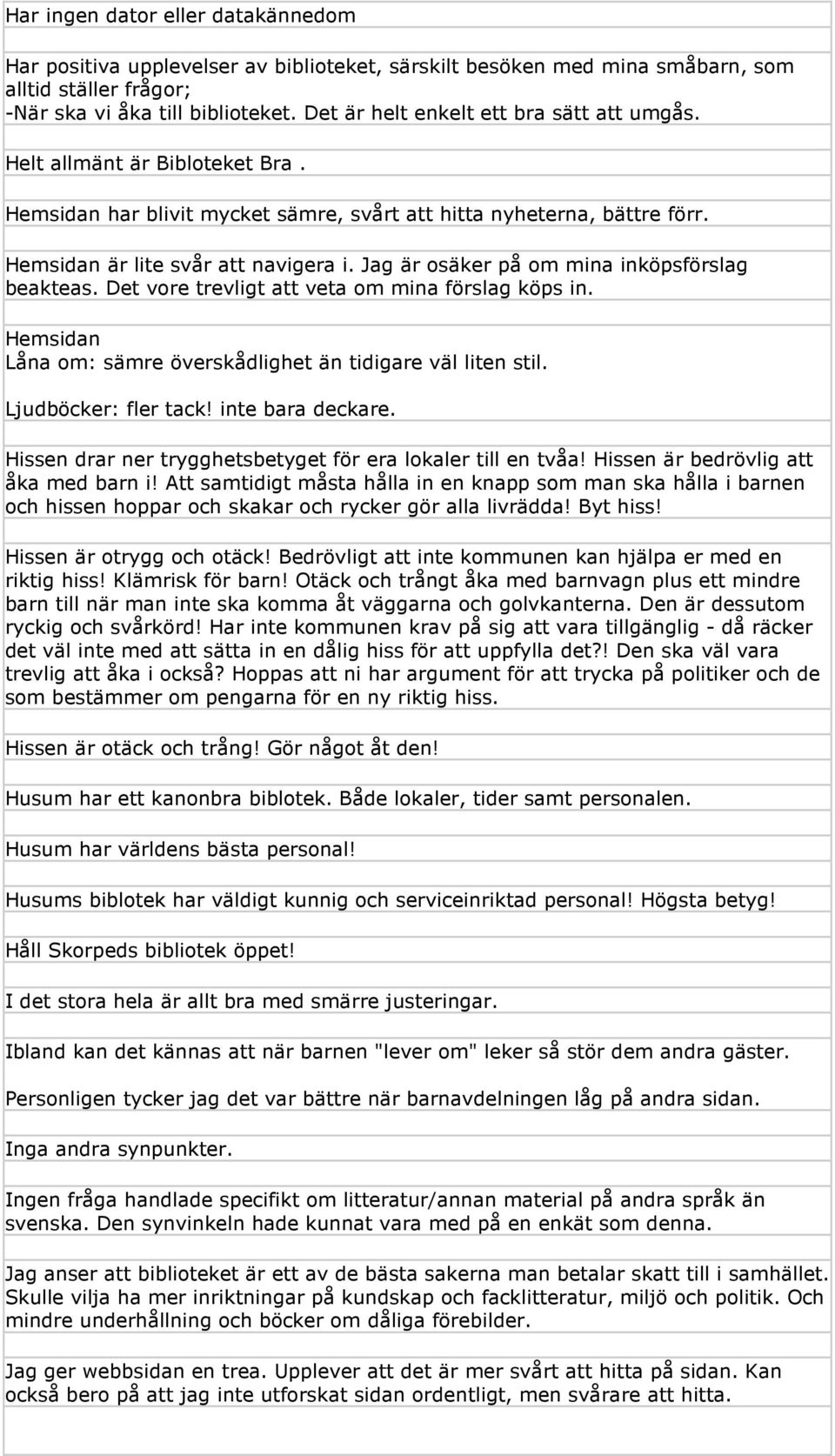 Jag är osäker på om mina inköpsförslag beakteas. Det vore trevligt att veta om mina förslag köps in. Hemsidan Låna om: sämre överskådlighet än tidigare väl liten stil. Ljudböcker: fler tack!