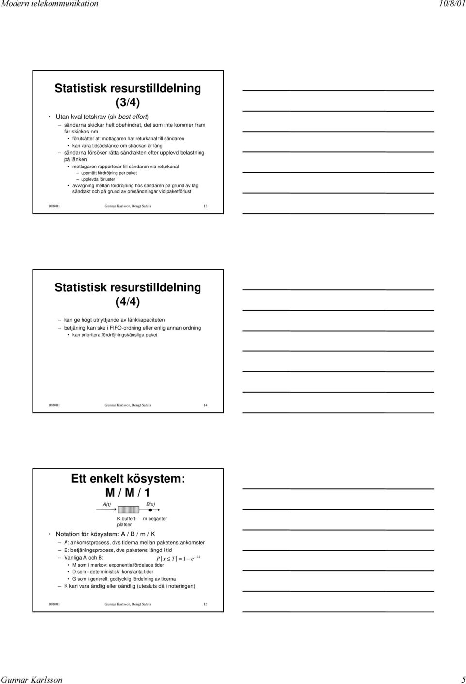 paket upplevda förluster avvägning mellan fördröjning hos sändaren på grund av låg sändtakt och på grund av omsändningar vid paketförlust 10/8/01 Gunnar Karlsson, Bengt Sahlin 13 Statistisk