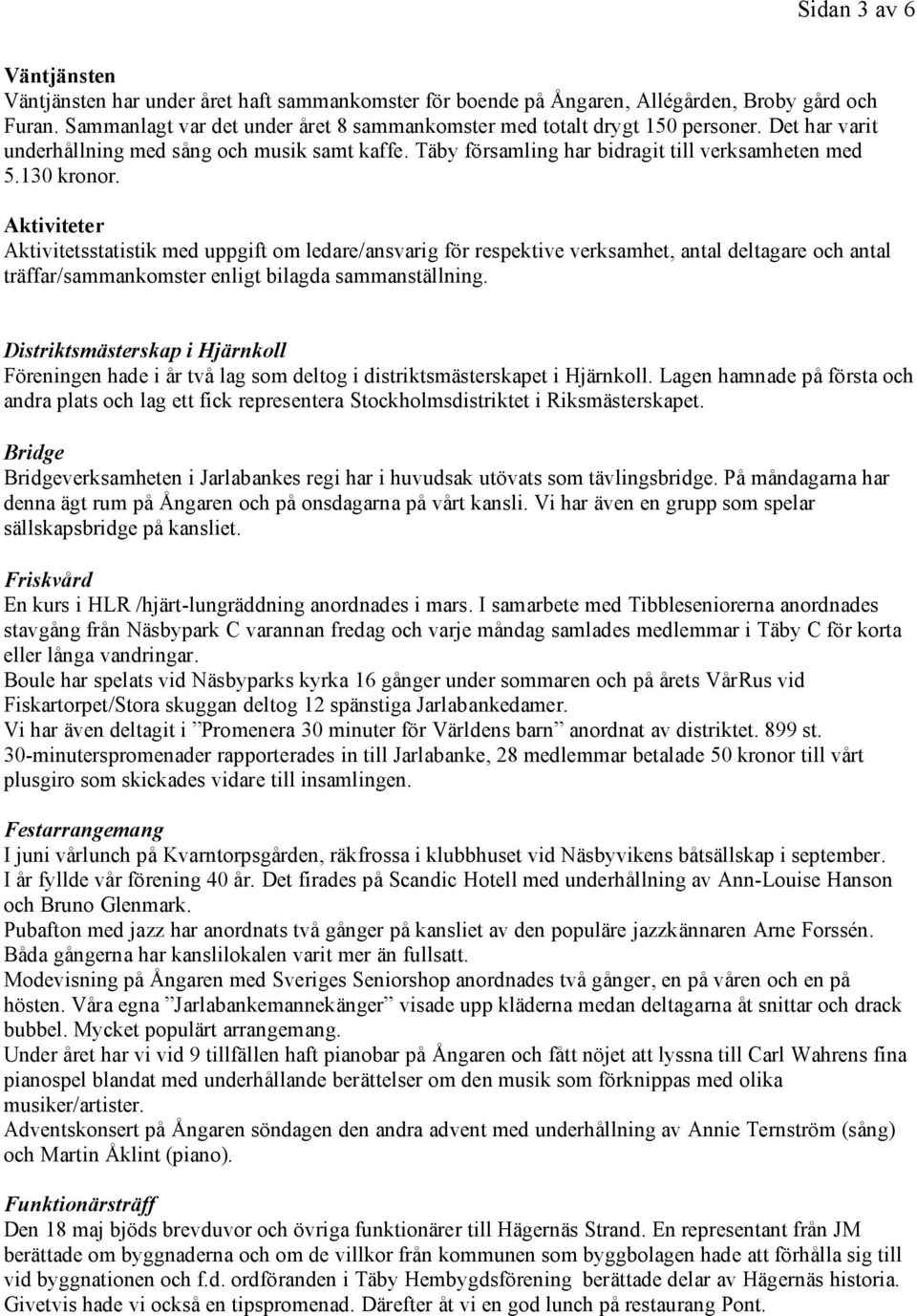 Aktiviteter Aktivitetsstatistik med uppgift om ledare/ansvarig för respektive verksamhet, antal deltagare och antal träffar/sammankomster enligt bilagda sammanställning.