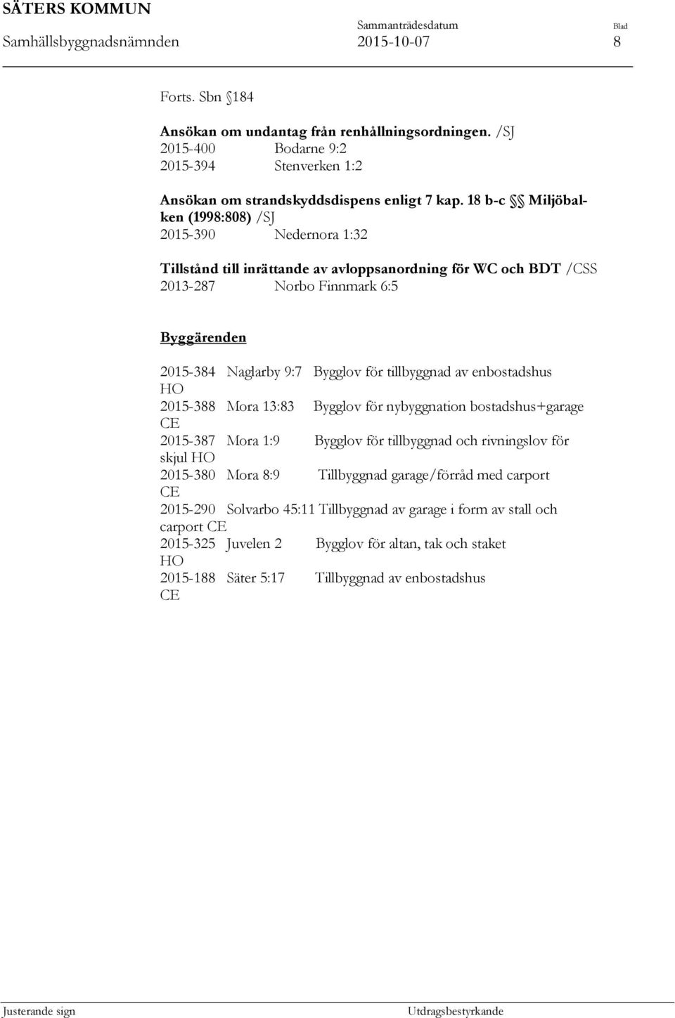 tillbyggnad av enbostadshus HO 2015-388 Mora 13:83 Bygglov för nybyggnation bostadshus+garage CE 2015-387 Mora 1:9 Bygglov för tillbyggnad och rivningslov för skjul HO 2015-380 Mora 8:9 Tillbyggnad