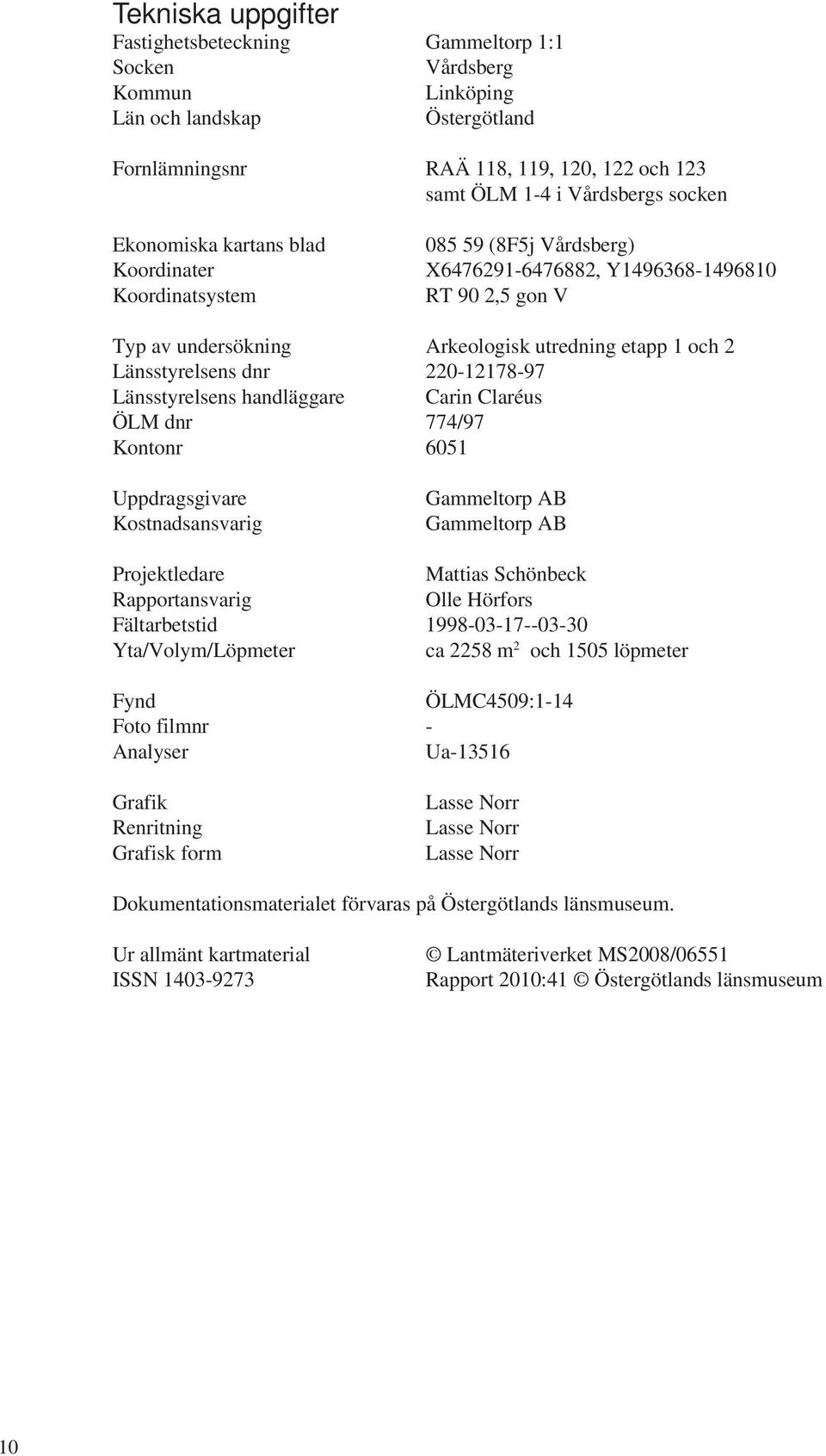 220-12178-97 Länsstyrelsens handläggare Carin Claréus ÖLM dnr 774/97 Kontonr 6051 Uppdragsgivare Kostnadsansvarig Gammeltorp AB Gammeltorp AB Projektledare Mattias Schönbeck Rapportansvarig Olle